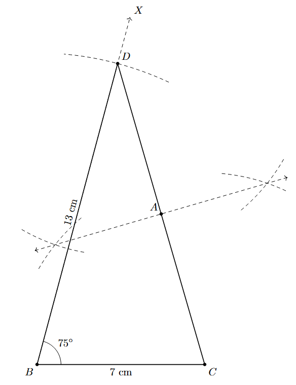 Step 5 Step 5: The perpendicular bisector of DC is drawn, which intersects BD at point A.